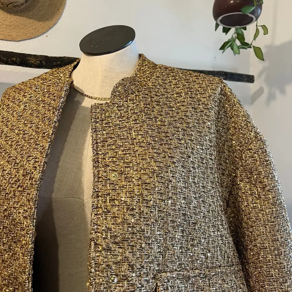 Liz Claiborne Textured Gold Speckled Snap Button Bomber Jacket Size XXL NEW
